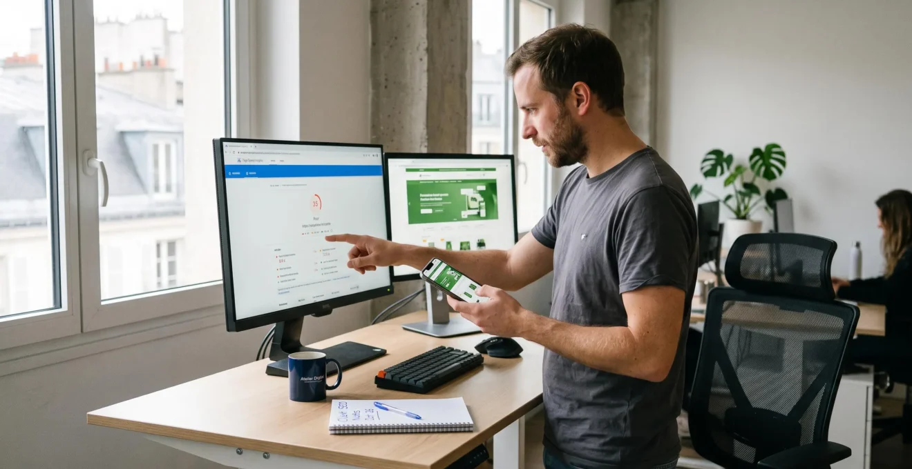 Un professionnel du web compare sur un écran d'ordinateur et un smartphone les performances techniques d'un site internet dans un bureau lumineux.