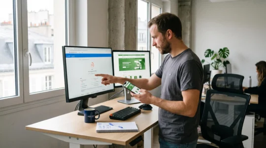 Un professionnel du web compare sur un écran d'ordinateur et un smartphone les performances techniques d'un site internet dans un bureau lumineux.
